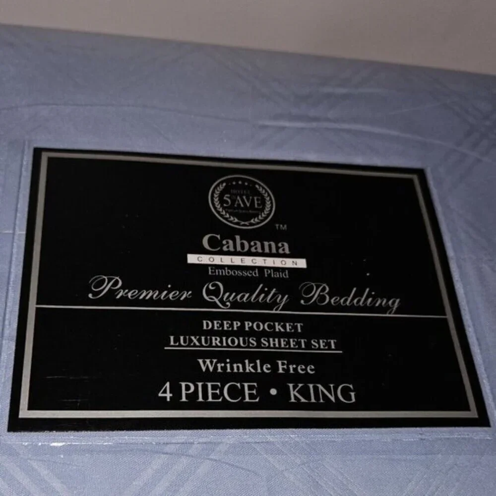 NEW Hotel 5th Ave Cabana Embossed Plaid Blue King Sheet Set Flat Fitted PCx2